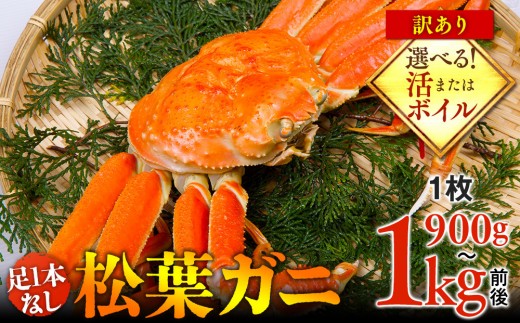 
                  【選べます！活またはボイル】足1本なし 訳あり 松葉ガニ 特大1枚（900g～1kg前後）【着日指定不可】※2026年11月上旬～2027年3月下旬に順次発送予定 ｜ 蟹 かに 松葉ガニ 松葉蟹 訳あり 家庭用 鳥取県産 北栄町 おすすめ 人気
                