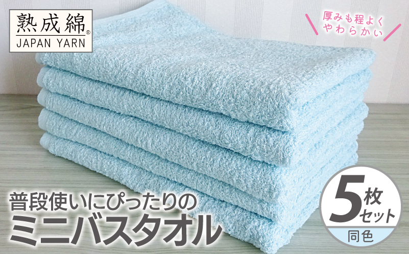 【スピード発送】普段使いにぴったりのミニバスタオル 5枚【アクアブルー 泉州タオル 高品質 綿100％ 日本製 国産 単色 シンプル 大阪 泉佐野 大阪府 泉佐野市】