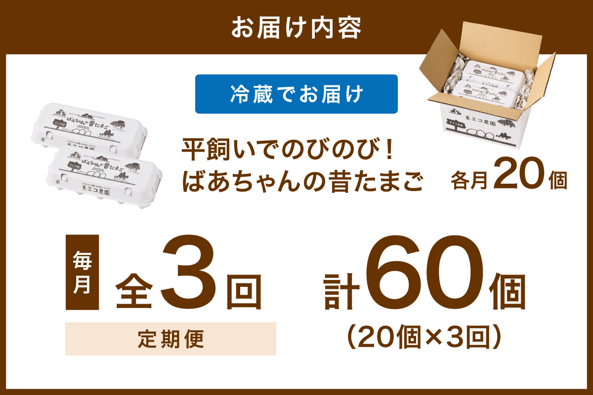 【3回定期便】平飼いで のびのび！ばあちゃんの昔たまご 20個/月 割れ保証あり 999-B1233