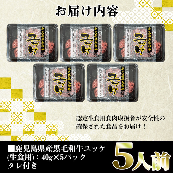 i907-om ＜数量限定・牛刺し付＞鹿児島県産黒毛和牛ユッケ5人前(40g×5P・計200g) 肉 牛肉 黒毛和牛 国産 鹿児島県産 ユッケ 生食 旨み 牛刺し 牛サシ 数量限定 【カミチク】