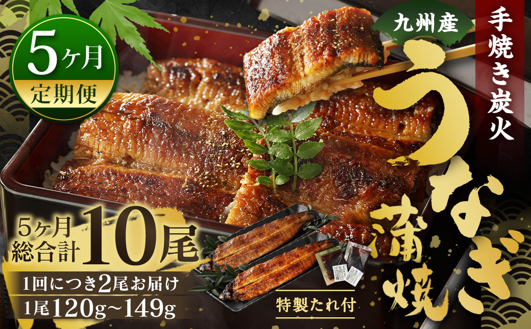 
【5ヶ月定期便】九州産 手焼き炭火 うなぎ蒲焼 2尾（1尾あたり120～149g） 合計10尾 たれ 山椒 鰻 蒲焼き 冷凍 国産 送料無料 鹿児島、宮崎、熊本等産うなぎ原料使用
