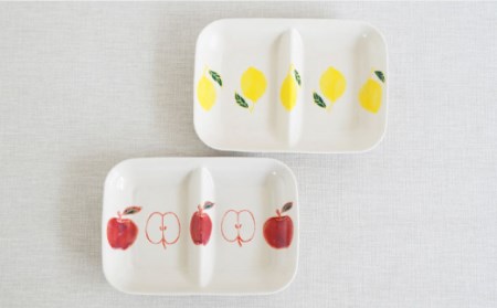 【波佐見焼】 フレッシュアート 角仕切り皿 プレート＆湯呑  各2枚 計4枚〈レモン・りんご〉 [OAQ013]