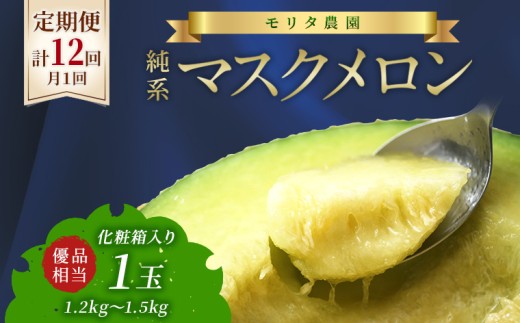 【定期便12ヶ月】純系マスクメロン１玉【通年栽培】：2027年発送分　マスクメロン メロン フルーツ 果物 1玉 1個 年間 通年 2027年 先行予約 先行受付 発送 発送時期選べる 定期便 毎月 12回 12ヶ月 毎月 1年 おすすめ 贈答用 優 高級 化粧箱 箱入り プレゼント 贈り物 ギフト 国産 千葉県 富津市 モリタ農園