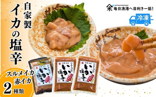 【魚屋かあちゃんの自家製イカの塩辛 2種類お味見セット 冷凍】ご入金確認後、順次発送予定 国産 イカ いか 塩辛 いかの塩辛 ふるさと納税 おすすめ 兵庫県 香美町 香住 山米鮮魚 74-02 