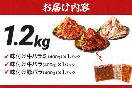 牛豚味付け焼肉セット 1.2kg 牛バラサガリ 牛バラ 豚バラ 味付き 小分け 保存 醤油 にんにく タレ 子供 生姜 香味野菜 ネギ塩 キャンプ バーベキュー 福岡県 福岡 九州 グルメ お取り寄せ