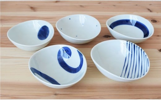 PB10 【波佐見焼】染付変形小鉢5個セット【團陶器】-4