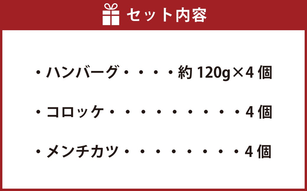 武藤牧場直売店山嘉バラエティセット（ハンバーグ 約120g×4個／コロッケ×4個／メンチカツ×4個）合計8個【冷凍】