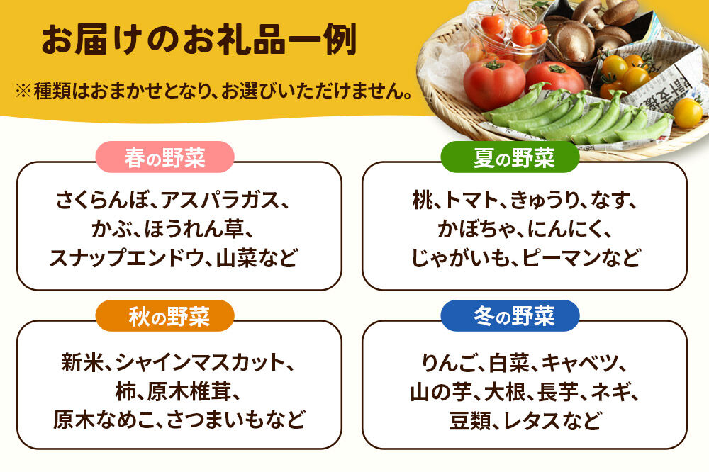 【定期便 1年分・12ヶ月】旬のお野菜セット 秋田県 由利本荘市産 栽培期間中農薬不使用 減農薬 [野菜 セット 季節野菜 旬野菜 お野菜 山菜 果物 栽培期間中 農薬不使用 春夏秋冬 秋田県 由利本