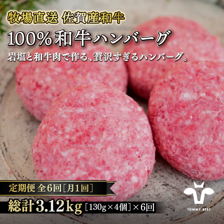 【定期便6回】【牧場直送】佐賀産黒毛和牛100％和牛ハンバーグ4個 ：B790-008