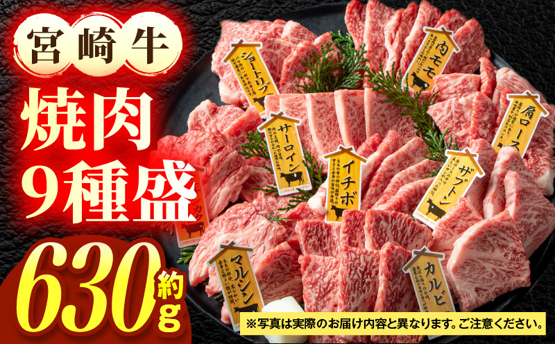 宮崎牛焼肉9種盛（約630g）お肉 肉 牛肉 宮崎牛 ロース 肩ロース ザブトン ミスジ ウデ カルビ モモ 焼肉 冷凍 記念日 誕生日 お祝い ギフト 贈答 プレゼント セット 食べ比べ お取り寄せ