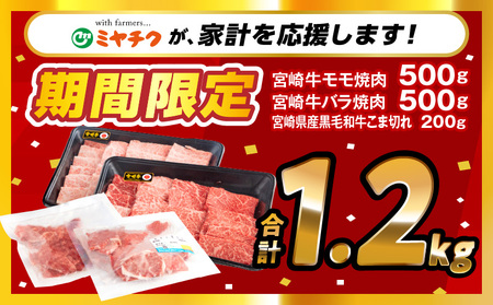 宮崎牛モモ・バラ焼肉・黒毛和牛こま切れセット(計1kg)　肉 牛 牛肉