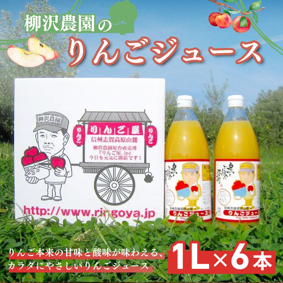 【ふるさと納税】ジュース 柳沢農園のりんごジュース1Lx6本 りんご 飲料 果汁 サンふじ 長野 山ノ内町　お届け：入金確認後、順次発送