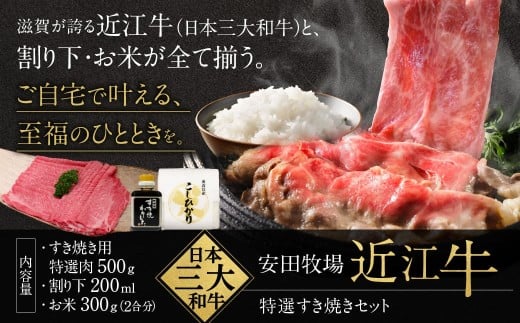 特選すき焼きセット（すき焼き用特選肉、割り下、お米） 安田牧場 滋賀県 東近江市 D-B09 すき焼き すき焼きセット 割り下 米 近江牛 安田牧場 特選 ブランド牛 滋賀県産 和牛 牛肉 霜降り お取り寄せ 贈答品 ギフト 最高級肉 厳選