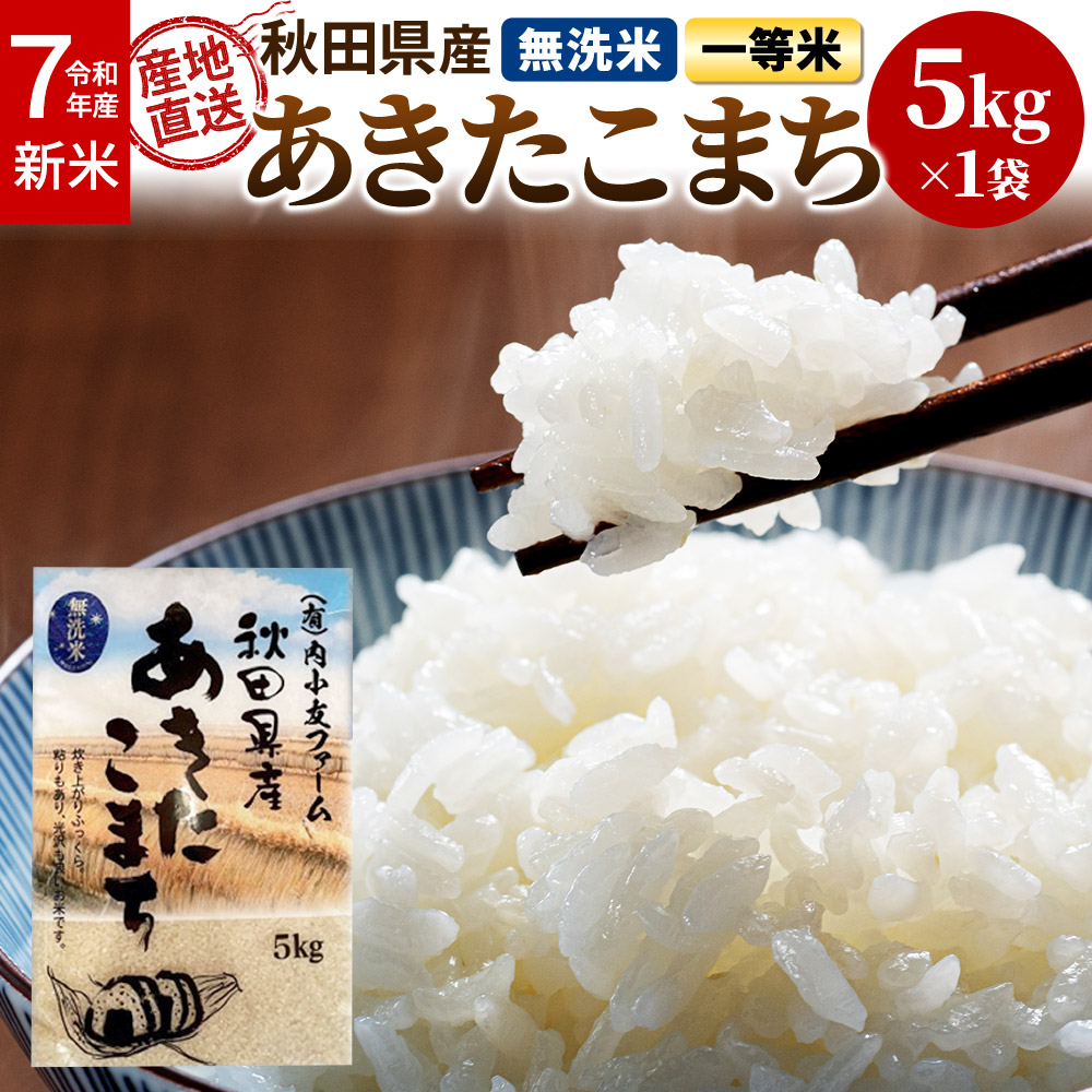 新米 米 令和7年産 秋田県産あきたこまち 一等米 農家直送 無洗米5kg 内小友ファーム