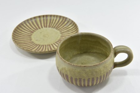 京焼「新羅釉木賊紋コーヒー碗・皿」(ピスタチオグリーン)1セット〈カップ 食器