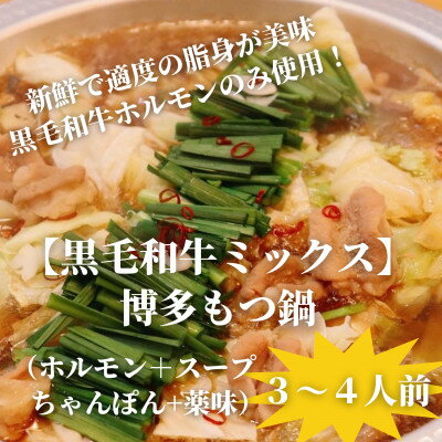 【ふるさと納税】【黒毛和牛ミックス】博多もつ鍋セット(濃縮テールスープ・チャンポン麺・薬味付)3～4人前【配送不可地域：離島】【1642534】