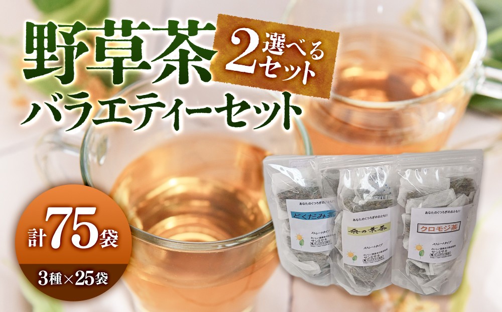 
                  ＜2セットから選べる＞野草茶バラエティーセット(計75袋/3種×25袋) | 野草茶 健康茶 ハーブティー ティーバッグ ブレンド茶 国産野草 バラエティセット 詰め合わせ 食べ比べ 飲み比べ セット 大容量 まとめ買い 健康志向 ナチュラル ノンカフェイン リラックス デトックス 温活 日常習慣 水分補給 家庭用 お取り寄せ 人気 おすすめ 鳥取県 境港市
                