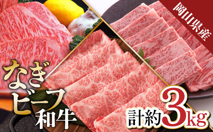 
【岡山県産なぎビーフ和牛】　肩ロースすき焼き用約1kg　焼肉用約1kg　サーロインステーキ約250g×4　合計3kg 黒毛和牛 牛肉 小分け 冷凍
