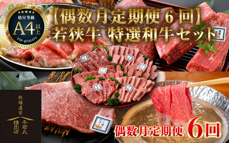 
【偶数月定期便6回コース】若狭牛 特選和牛セット ／ 国産 牛肉 焼肉 モモブロック ステーキ しゃぶしゃぶ すき焼き ブランド牛 贅沢 A4 A5 ギフト

