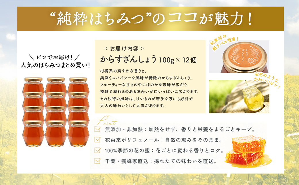 千葉県産「純粋はちみつ」からすざんしょう【計1.2kg】100g×12個　ふるさと納税 ハチミツ 蜂蜜 はちみつ お菓子作り おかしづくり スイーツ 料理 千葉 大網白里市 送料無料　 X040