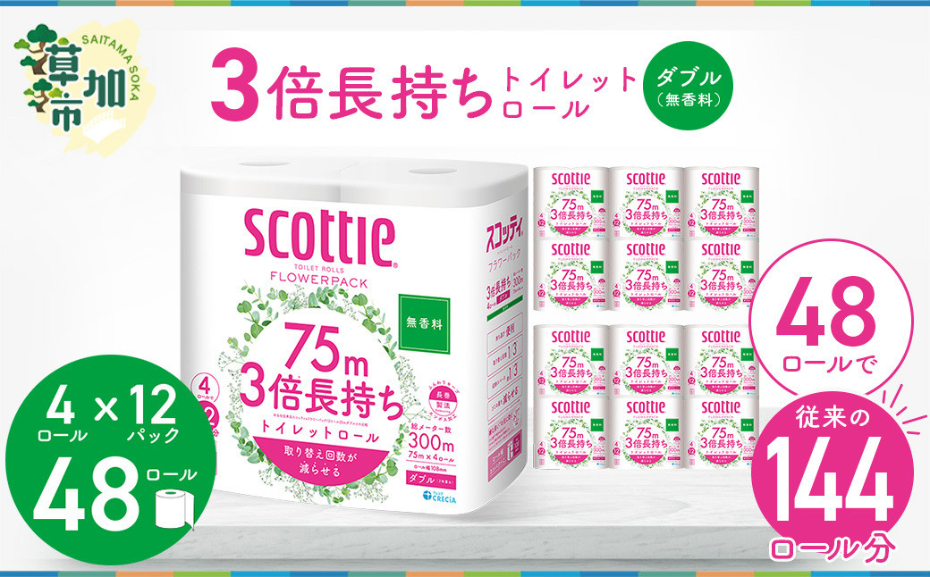 
            3倍長持ちトイレットロール スコッティティシューフラワーパック 4ロール×12P 無香料【入金確認後、1ヵ月以内に発送】トイレットペーパー 日用品 雑貨 大人気 日本製 | 埼玉県 草加市 日用品 トイレットペーパー 交換 手間 消耗品 ストック 長持ち 替え 交換 頻度 回数 リピート 紙 質 収納 家族 重い 助かる まとめ 満足 必需品
          
