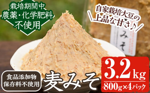 y175 《添加物不使用》麦みそ(計3.2kg・800g×4パック) 味噌 麦味噌 自家栽培 玄米麹 麹 こうじ みそ汁 味噌汁 野菜炒め 化学肥料不使用 農薬不使用 有機 有機農業 有機肥料【雲月農園】