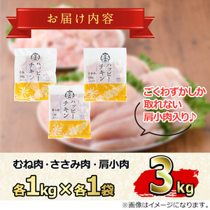 【0074805a-2510】＜2025年10月発送予定＞国産若鶏肉ヘルシーセット(合計3kg・ムネ、ささみ、肩小肉) 鶏肉 鳥肉 とり肉 むね肉 おかず 小分け 国産 【エビス】