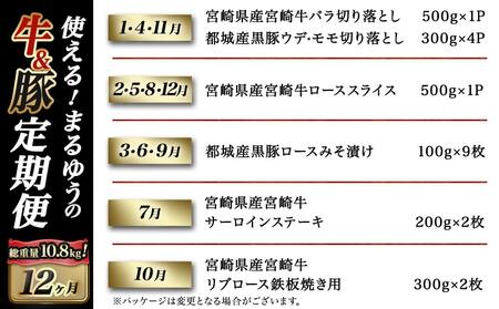 使える!まるゆうの牛&豚定期便(12ヶ月)_T200-12-N401_(都城市) 国産 宮崎牛 黒毛和牛 ローススライス サーロインステーキ 切り落とし 霜降り 黒豚 みそ漬け 定期便 