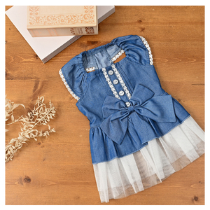 リボンダンガリーワンピース  デニム風 ドッグウェア 犬服 ブランド【ココアトワ(cocoAtoi)】 Ｓ