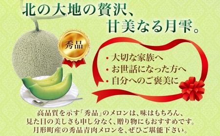北海道 青肉メロン 月雫 秀品 1玉 約1.6kg メロン 果物 フルーツ 旬 季節 希少 甘い 豊潤 国産 北海道産 デザート ご褒美 産地直送 産直 ギフト お祝い 贈答品 贈り物 お中元 常温 