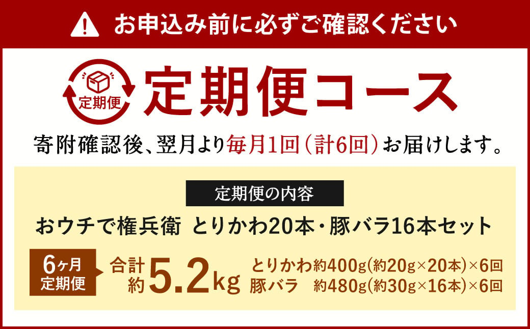 【6ヶ月定期便】 おウチで権兵衛 とりかわ・豚バラセット36本×6回