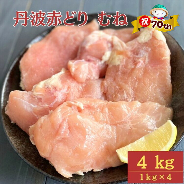 【ふるさと納税】【市制70周年記念】【発送時期が選べる】訳あり 丹波 赤どり むね肉 4kg(1kg×4パック)＜京都亀岡丹波山本＞ 業務用 鶏肉 冷凍 ムネ 不揃い むね 鳥