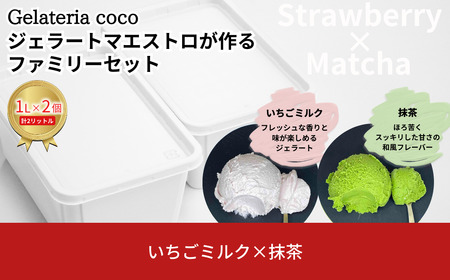 ジェラートマエストロが作るファミリーセット 1L×2 合計2L[いちごミルク・抹茶] ジェラート アイス 大容量 ファミリーパック 添加物不使用  [Gelateria coco]【017S104】