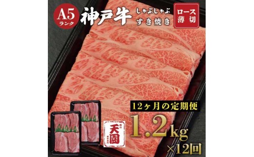 【ふるさと納税 定期便（頒布会）】神戸牛 霜降り 肩ロース しゃぶしゃぶすき焼き 1200g×12ヶ月