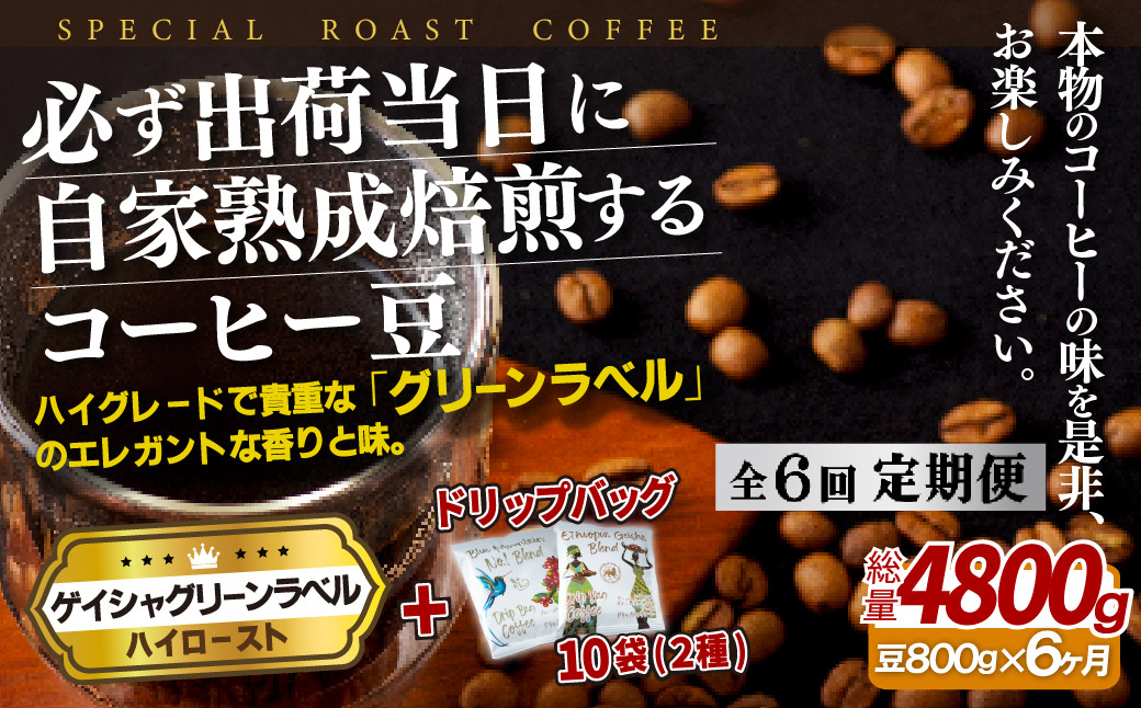 
E261d 《定期便》必ず出荷日に自家熟成焙煎ゲイシャ豆(800g)＋ドリップバッグ10パック【6回お届け】
