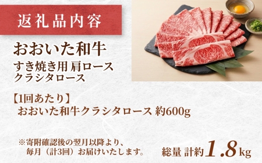 【3ヶ月定期便】おおいた和牛すき焼き用 肩ロース クラシタロース 約600g×3回 計約1.8kg