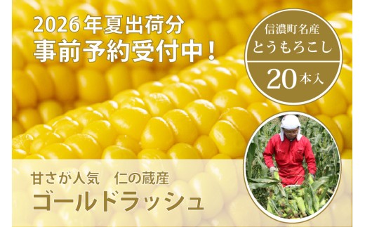 仁の蔵『ゴールドラッシュ 20本』 2026年夏出荷分 先行予約開始！ 信濃町産トウモロコシ／スイートコーンの人気品種の予約受付中！ 令和8年7月下旬〜出荷予定【長野県信濃町ふるさと納税】
