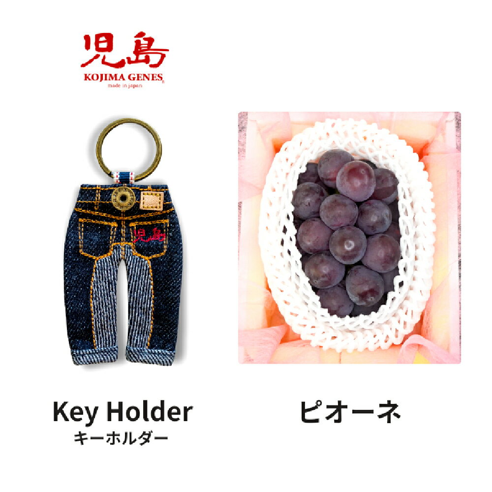 【ふるさと納税】【年2回定期便】KOJIMA GENESキーホルダー＋家庭用ピオーネ 2房（1房約530g以上） セット ダブルニーステッチデザイン ジーンズ キーホルダー ぶどう 葡萄 フルーツ くだもの 果物 小物 雑貨 岡山県 倉敷市 送料無料 【2026年6月上旬～9月下旬まで発送予定】