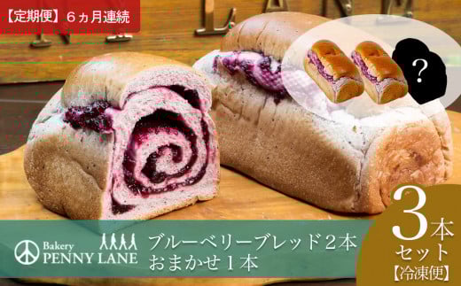 【6ヵ月定期便】ペニーレインのブルーベリーブレッド2 本＋ おまかせ 1本セット【 パン パン屋 茨城県 つくば市 ブルーベリー 冷凍パン お取り寄せ ベーカリー グルメ プレゼント 冷凍便 詰め合わせ セット 】