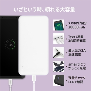 モバイルバッテリー 大容量 安心の 20000mAh (ホワイト) モバイル スマホ充電器