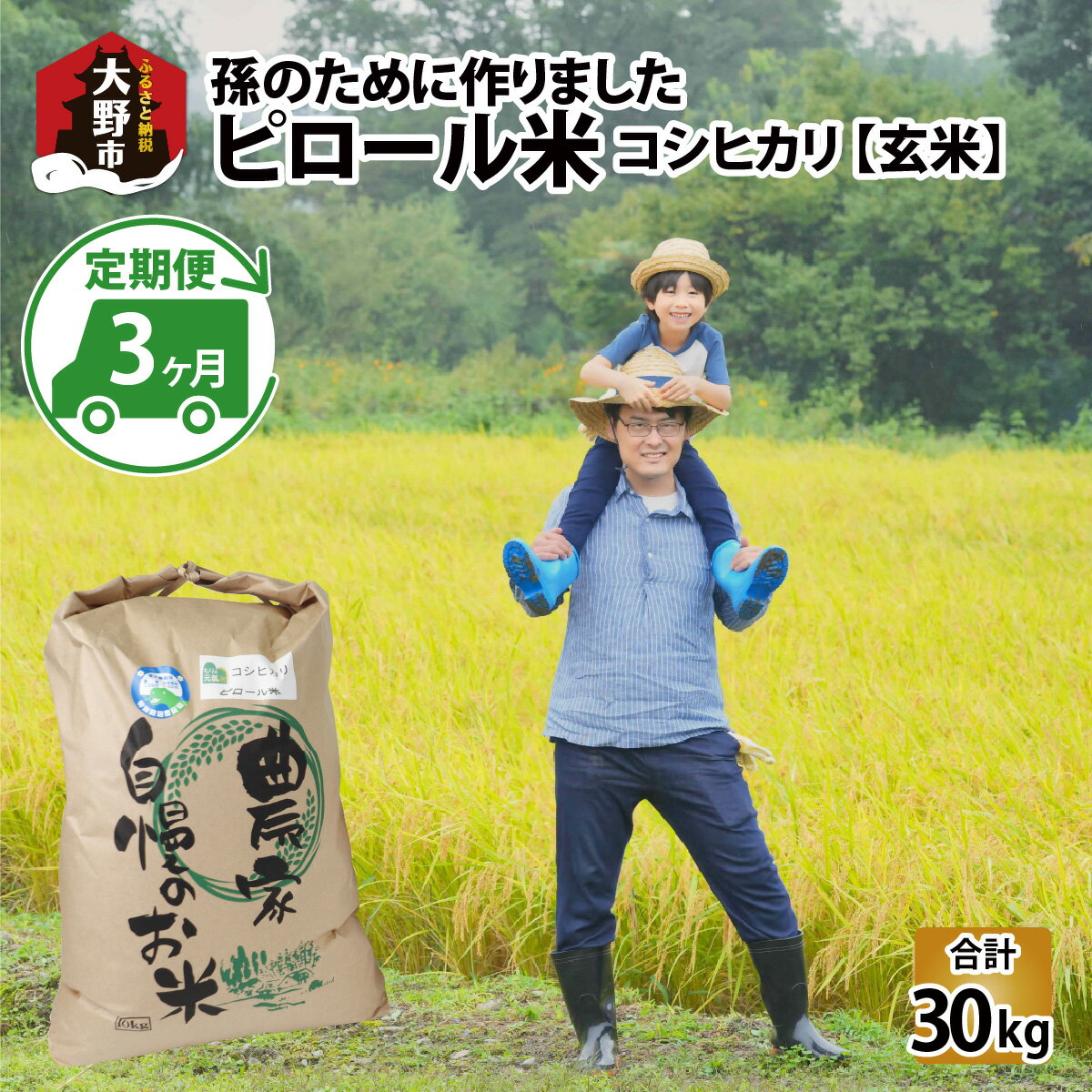 【ふるさと納税】【先行予約】【令和7年産 新米】【3ヶ月定期便】【孫のために作りました】ピロール米 コシヒカリ 玄米 10kg×3回 計30kg 化学肥料50％減 農薬50％減【玄米食におすすめ】| 弱アルカリ性 ミネラル ビタミン 送料無料 [E-071001]