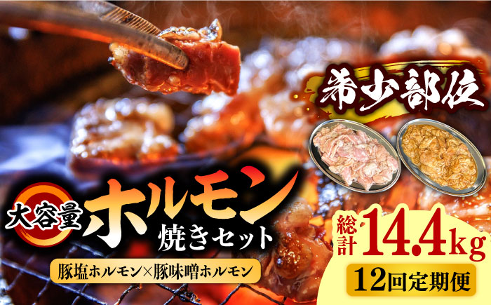 【12回 定期便 】 ホルモン 塩焼き・ニンニク味噌焼きセット 大容量セット 総計14.4kg / 肉 豚肉 直腸 豚テッポウ 希少部位 国産 / 南島原市 / はなぶさ [SCN143]