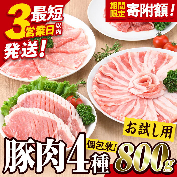 【ふるさと納税】 ＜お試し用＞ 豚肉 4種 セット (合計800g) 豚 小分け 豚バラ こま切れ スライス バラ ロース 個包装 詰め合わせ 詰合せ 食べ比べ とんかつ しゃぶしゃぶ しょうが焼き ポークソテー 3営業日以内発送 選べる発送時期 期間限定 便利 【BD211】【西日本畜産】