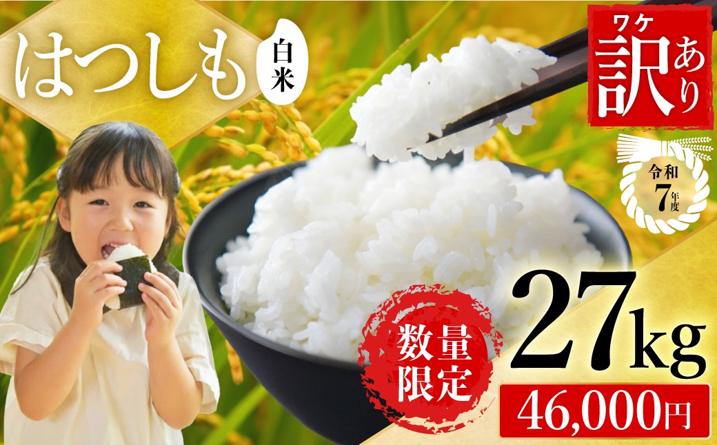 
                  【訳あり】【今だけ寄付額改定！在庫なくなり次第終了】【岐阜県代表品種】令和7年産ハツシモ米 【白米】 27kg 寄付額改定 数量限定 期間限定 L7
                