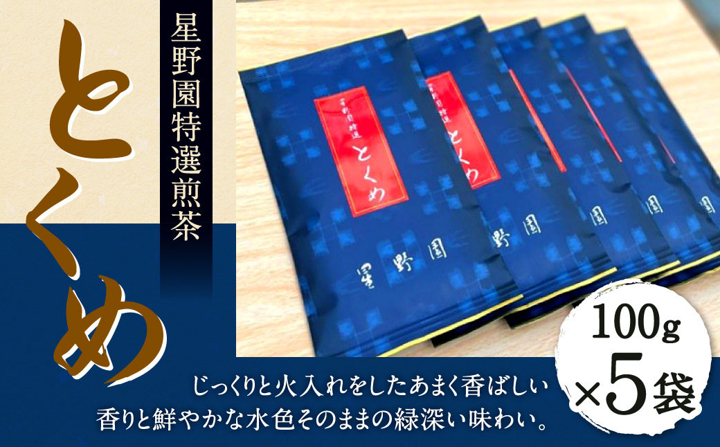 
八女市産 星野園特選煎茶 とくめ (100g×5袋) 合計500g 八女茶 緑茶 日本茶 お茶 茶葉 煎茶 国産茶 国産 お茶の星野園
