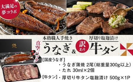 【母の日】大満足の夢コラボ☆うなぎ&厚切り牛タンセット≪5月7日～10日お届け≫_AC-3308-MG_(都城市) 訳あり 不揃い スリット加工 塩麹 牛 タン 国産うなぎ 蒲焼  母の日