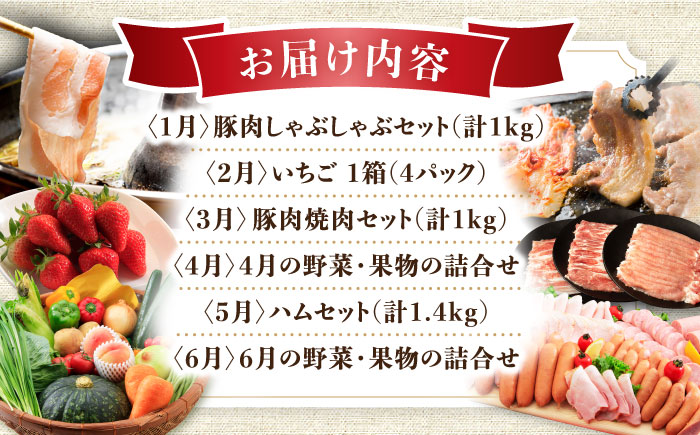 【12回定期便】豚肉＆農産物 ブルーベリーコース（ 豚肉 いちご ハムセット 野菜 果物 ブルーベリー みかん お米 ）/ ロース モモ バラ イチゴ 苺 やさい くだもの フルーツ ふるーつ ロース