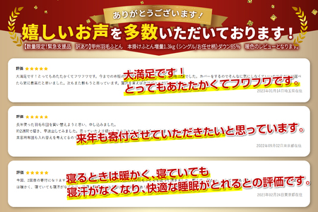  期間限定 【 数量限定 ！ 緊急支援品　訳あり 】 甲州羽毛ふとん　本掛けふとん 増量1.3kg （ シングル /お任せ柄）ダウン85％　暖色 羽毛布団 寝具 掛けふとん 布団 羽毛布団 掛布団 シ