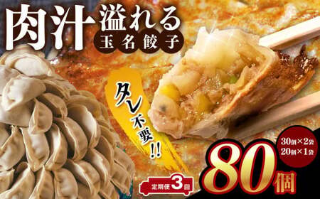 【 定期便 3回 】タレ不要? 肉汁 溢れる『 玉名餃子 』 80個 （30個×2袋、20個×1袋）| 餃子 ぎょうざ お手軽 小分け 冷凍 冷凍食品 おかず 豚肉