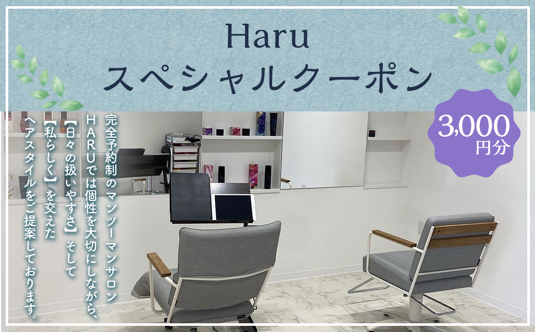 
＜Haruスペシャルクーポン 3,000円分＞翌月末迄に順次出荷 利用券 クーポン 美容室 ヘアカット マンツーマンサロン
